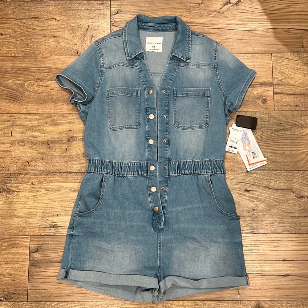 NWT, Celebrity Pink, Denim Romper, Button Front, Size Large, Stretchy Material
